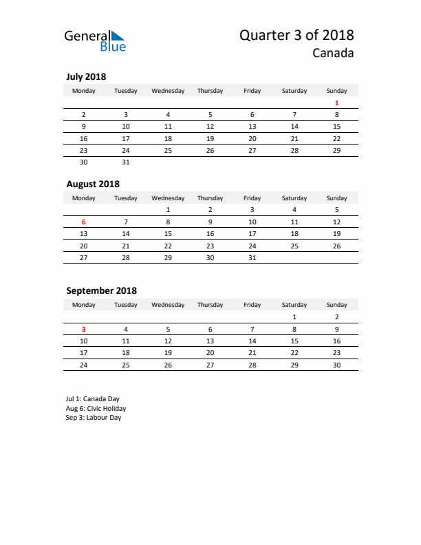 2018 Q3 Three-Month Calendar for Canada