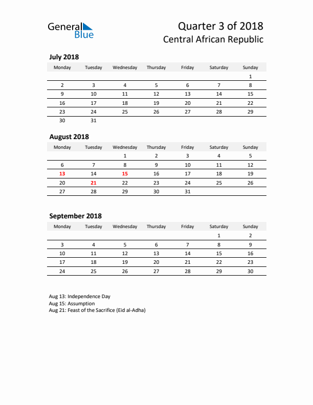 2018 Q3 Three-Month Calendar for Central African Republic