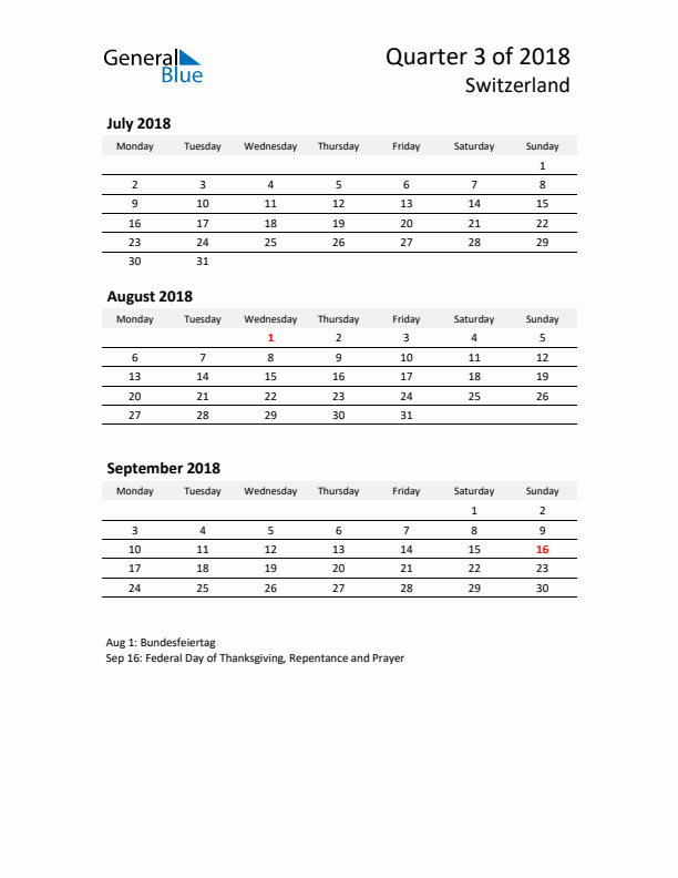 2018 Q3 Three-Month Calendar for Switzerland