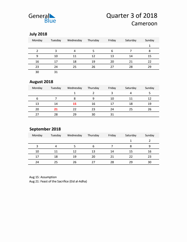 2018 Q3 Three-Month Calendar for Cameroon