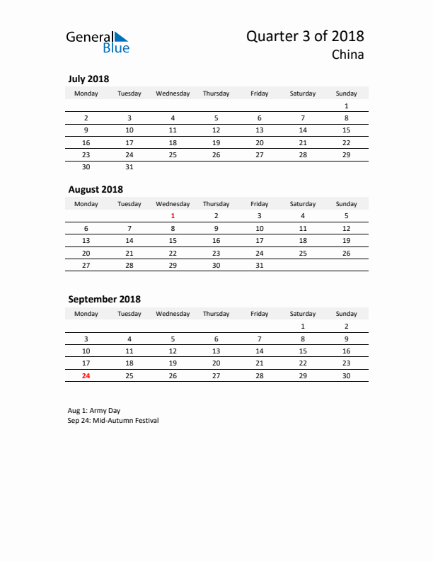 2018 Q3 Three-Month Calendar for China