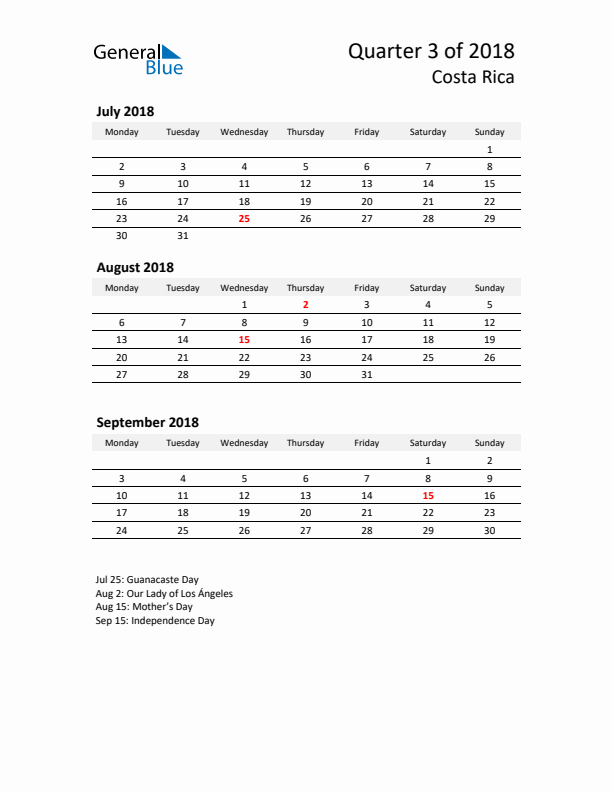 2018 Q3 Three-Month Calendar for Costa Rica