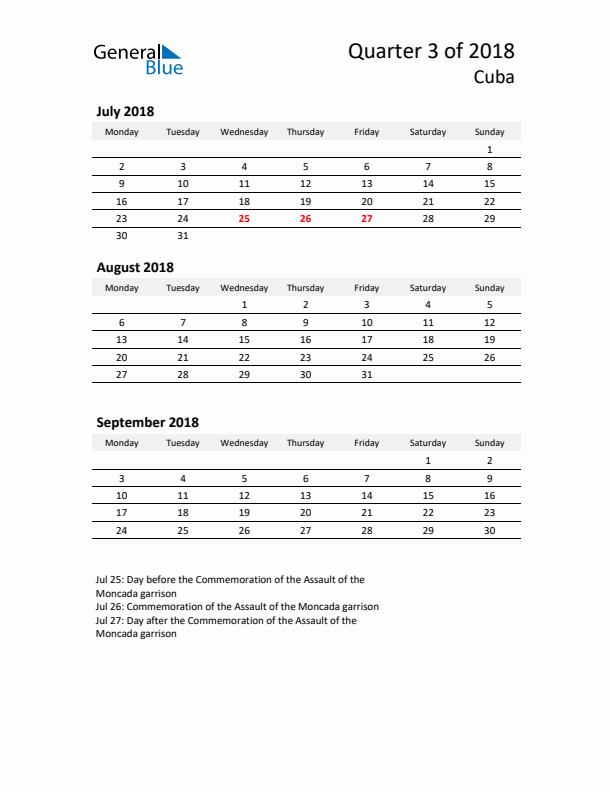 2018 Q3 Three-Month Calendar for Cuba