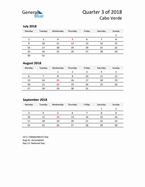 2018 Q3 Three-Month Calendar for Cabo Verde