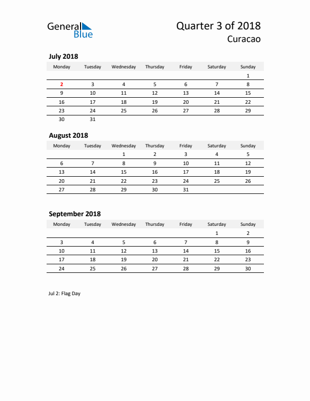 2018 Q3 Three-Month Calendar for Curacao