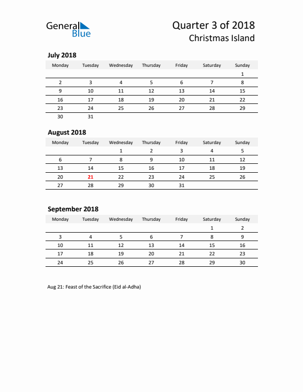 2018 Q3 Three-Month Calendar for Christmas Island