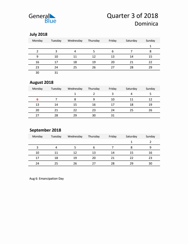 2018 Q3 Three-Month Calendar for Dominica