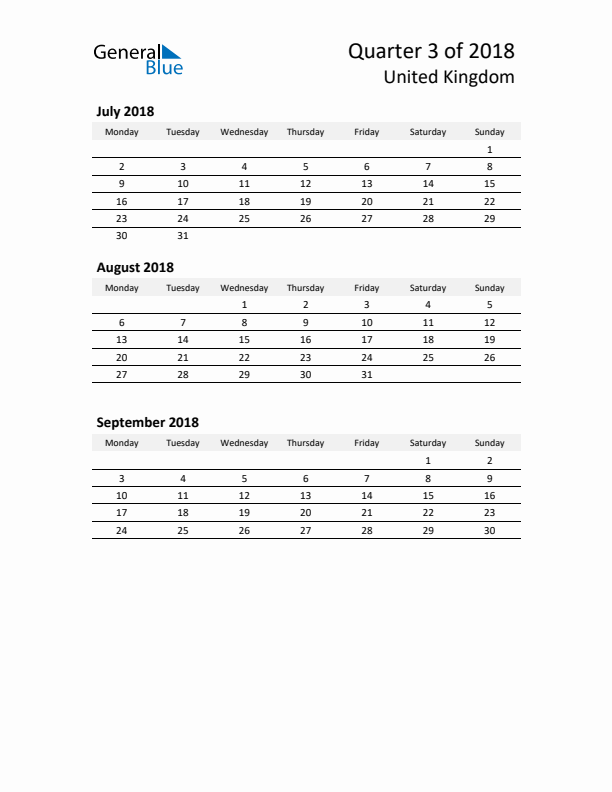 2018 Q3 Three-Month Calendar for United Kingdom