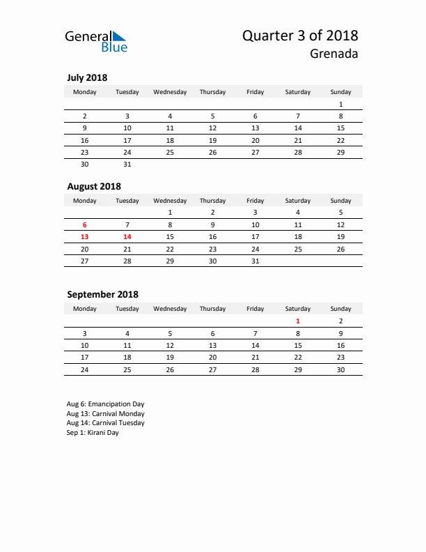 2018 Q3 Three-Month Calendar for Grenada