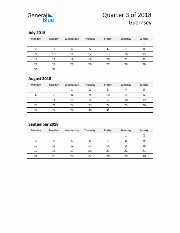 2018 Q3 Three-Month Calendar for Guernsey