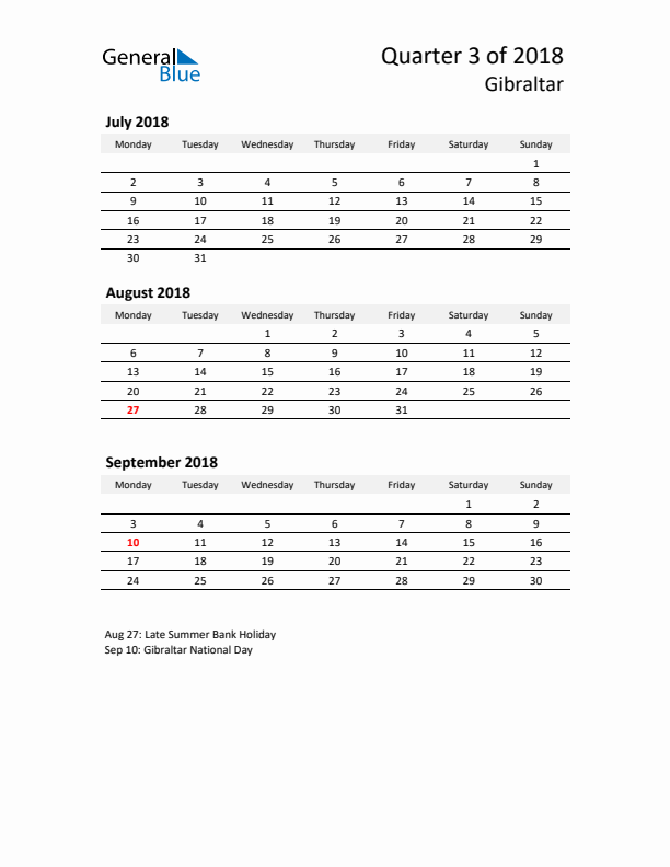 2018 Q3 Three-Month Calendar for Gibraltar