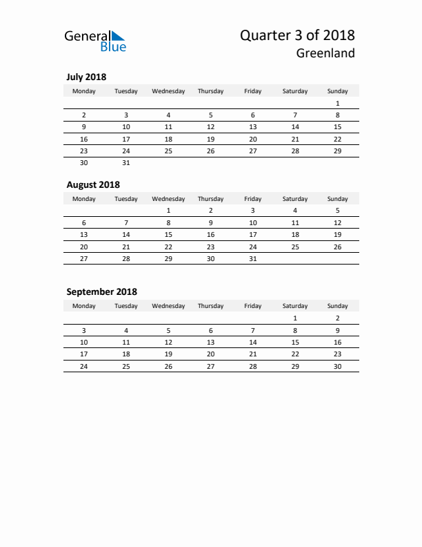 2018 Q3 Three-Month Calendar for Greenland