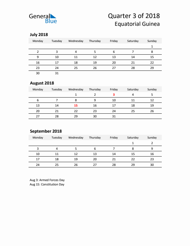 2018 Q3 Three-Month Calendar for Equatorial Guinea