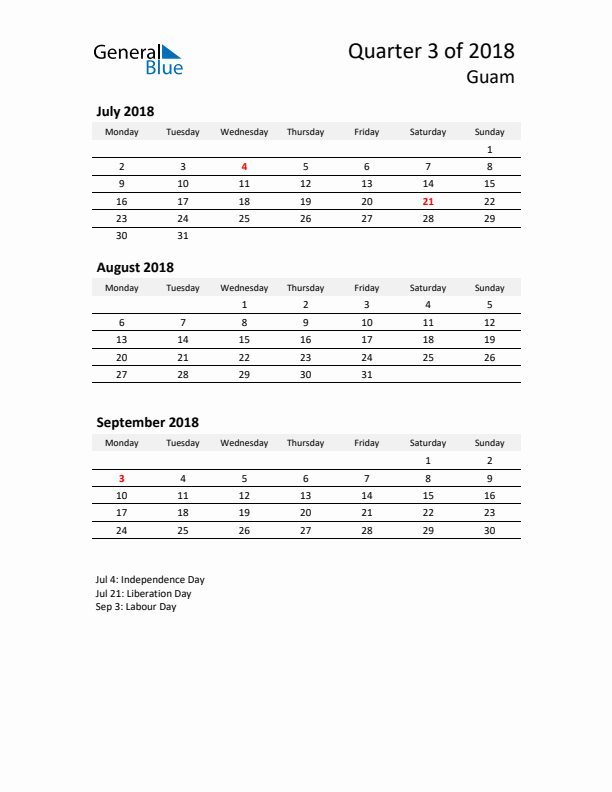 2018 Q3 Three-Month Calendar for Guam