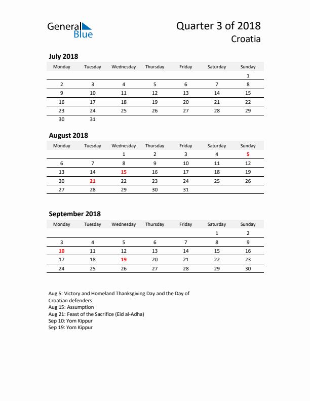 2018 Q3 Three-Month Calendar for Croatia