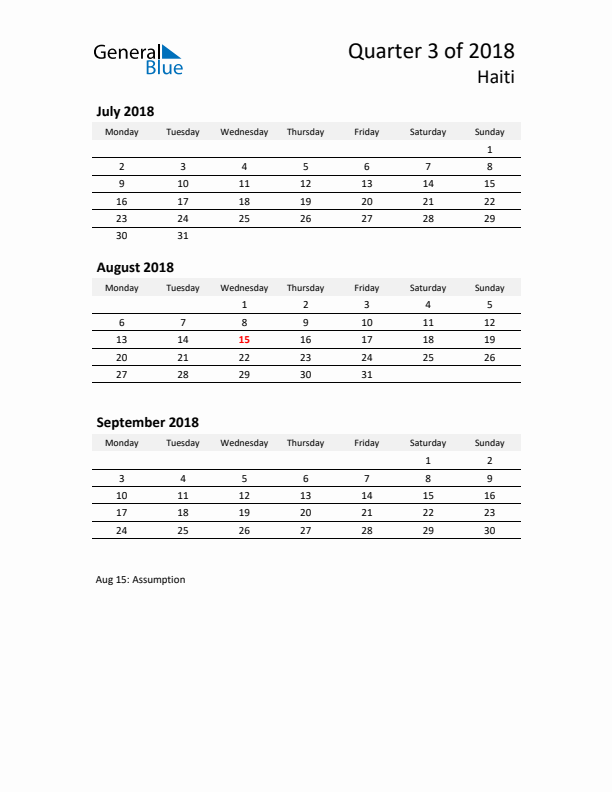 2018 Q3 Three-Month Calendar for Haiti