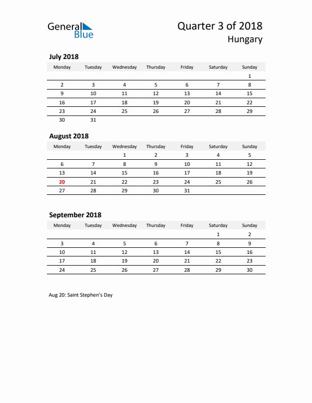 2018 Q3 Three-Month Calendar for Hungary