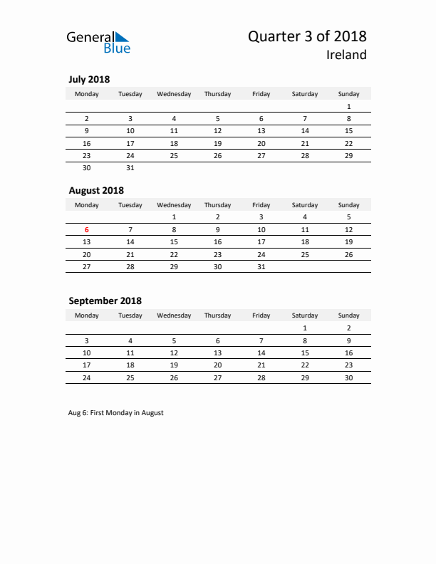 2018 Q3 Three-Month Calendar for Ireland