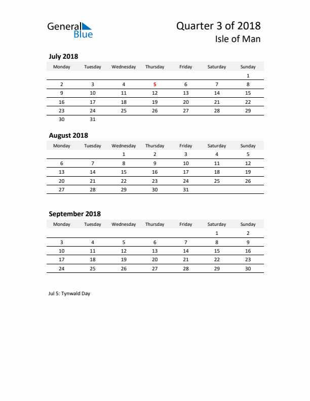 2018 Q3 Three-Month Calendar for Isle of Man