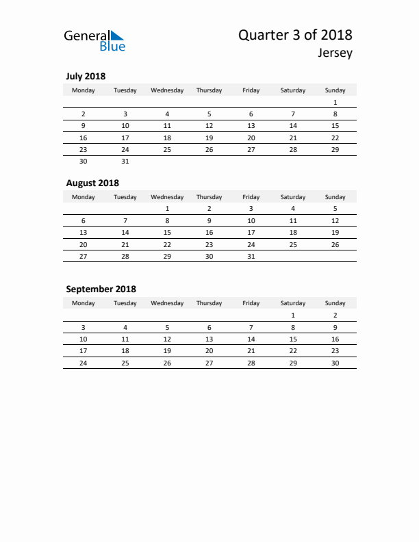 2018 Q3 Three-Month Calendar for Jersey