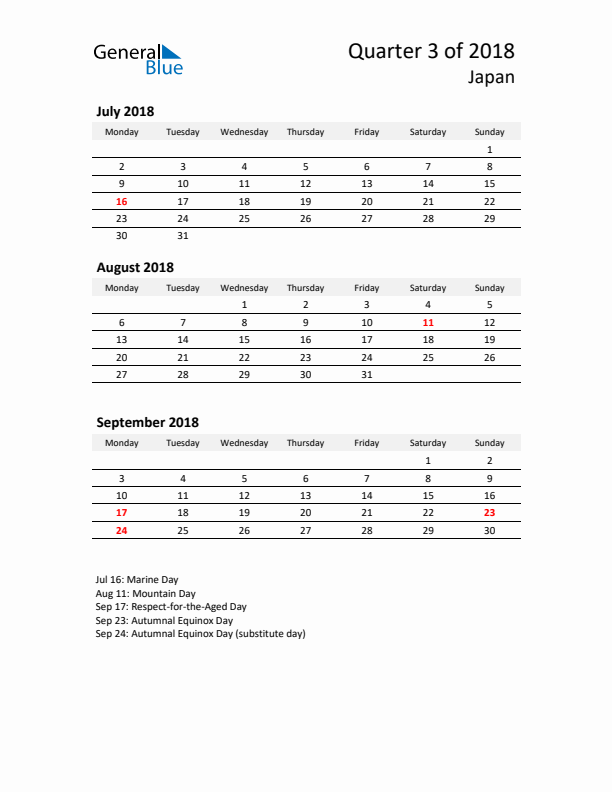 2018 Q3 Three-Month Calendar for Japan