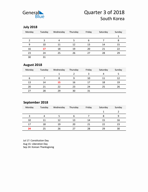 2018 Q3 Three-Month Calendar for South Korea