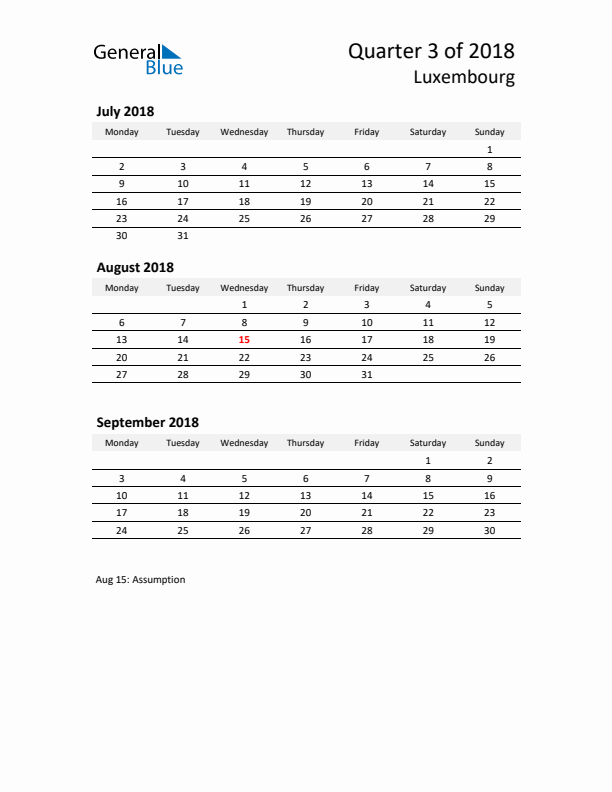 2018 Q3 Three-Month Calendar for Luxembourg