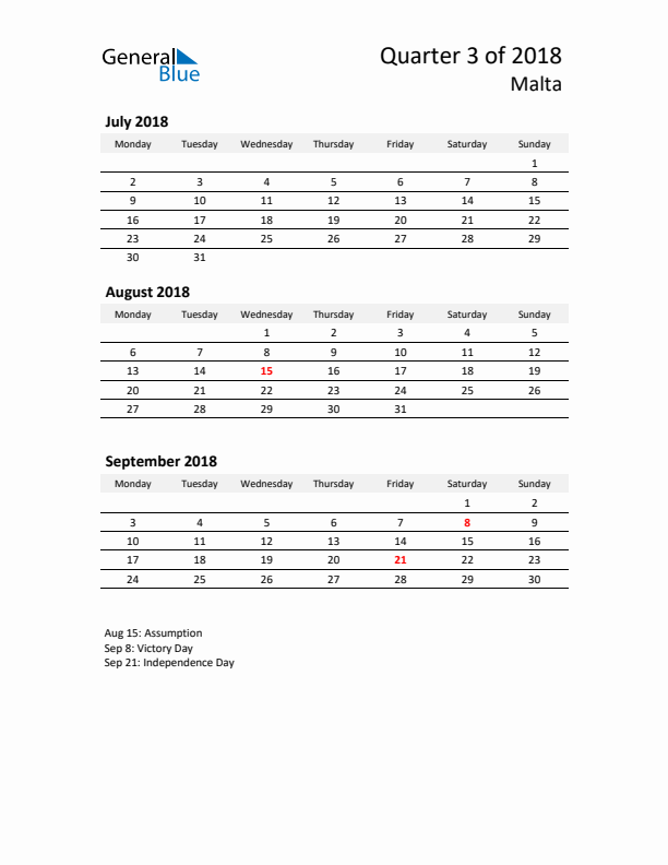 2018 Q3 Three-Month Calendar for Malta