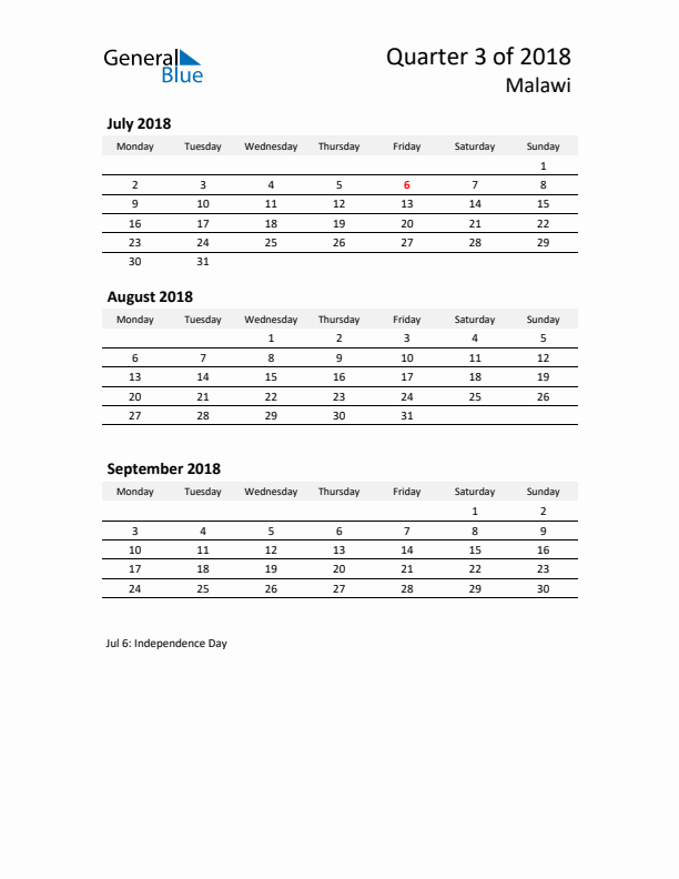 2018 Q3 Three-Month Calendar for Malawi