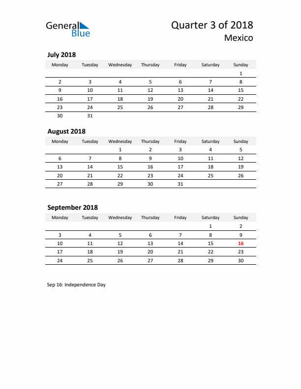 2018 Q3 Three-Month Calendar for Mexico