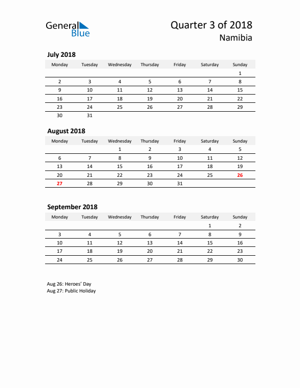 2018 Q3 Three-Month Calendar for Namibia