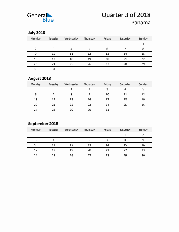 2018 Q3 Three-Month Calendar for Panama