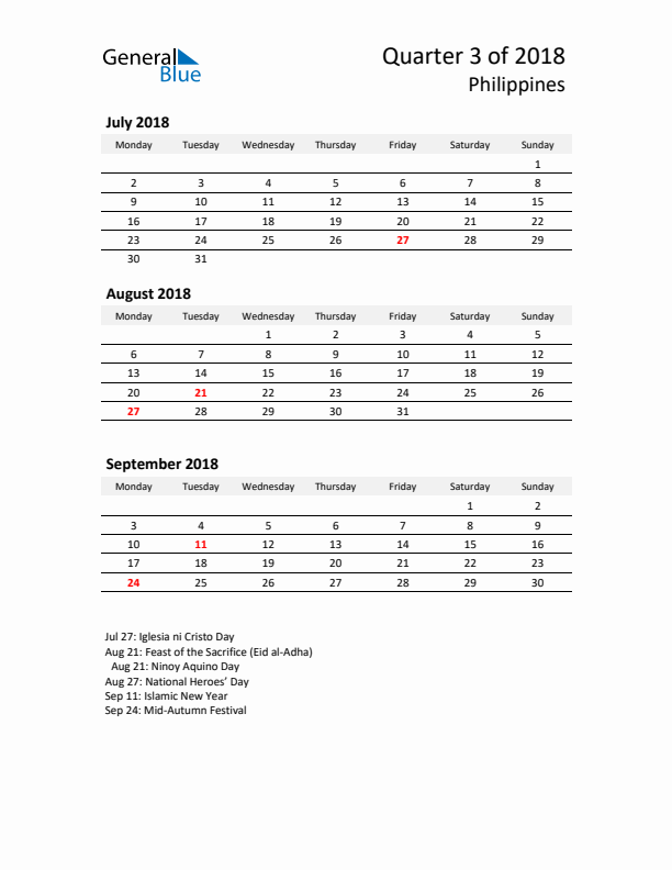 2018 Q3 Three-Month Calendar for Philippines