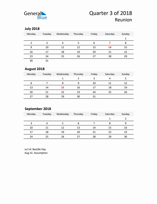 2018 Q3 Three-Month Calendar for Reunion