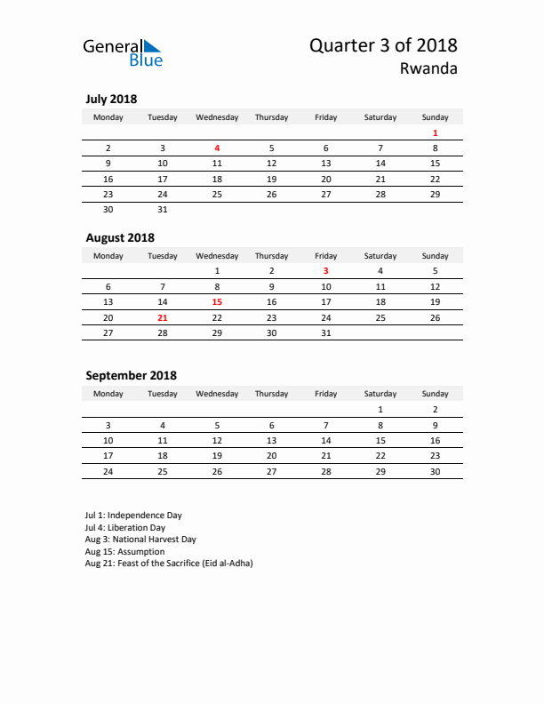 2018 Q3 Three-Month Calendar for Rwanda