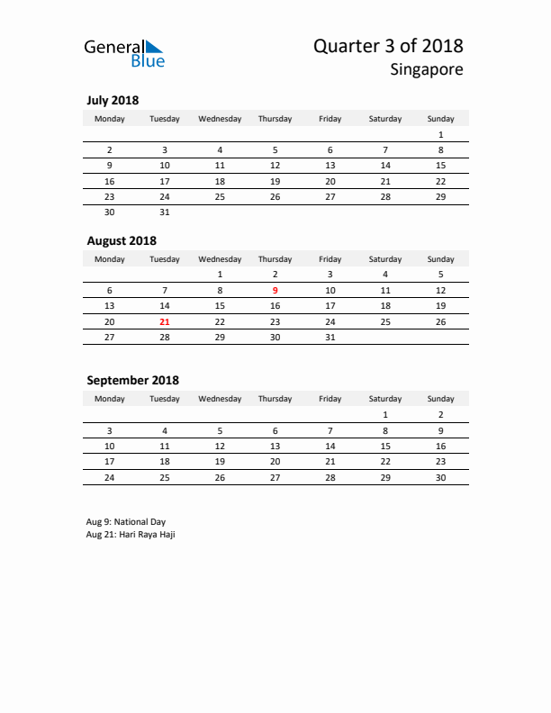 2018 Q3 Three-Month Calendar for Singapore