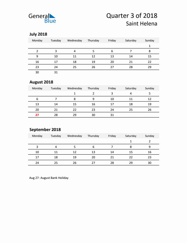 2018 Q3 Three-Month Calendar for Saint Helena