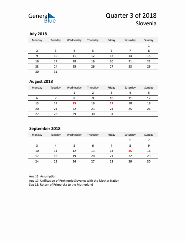 2018 Q3 Three-Month Calendar for Slovenia