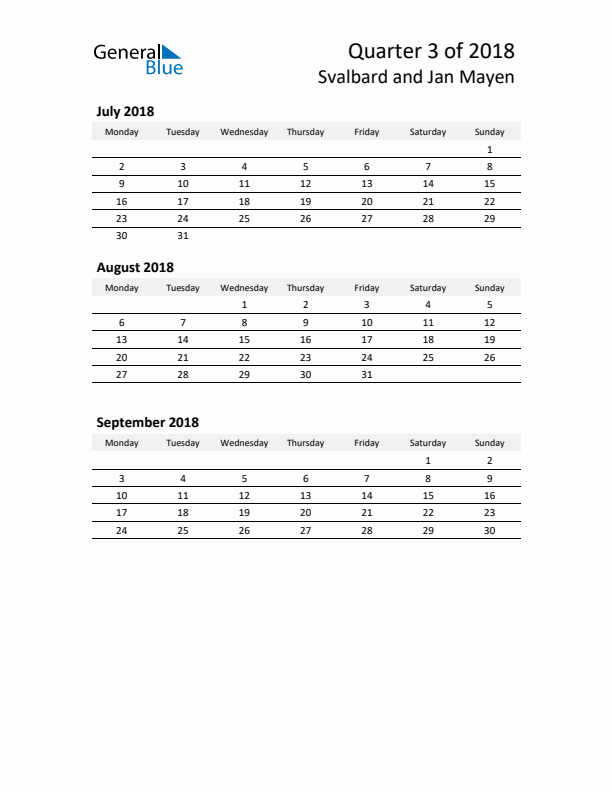 2018 Q3 Three-Month Calendar for Svalbard and Jan Mayen