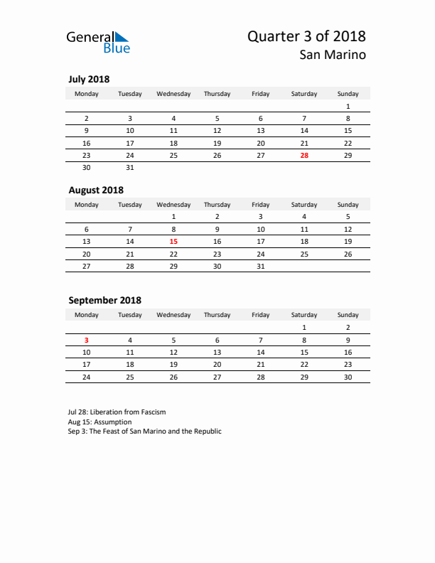 2018 Q3 Three-Month Calendar for San Marino