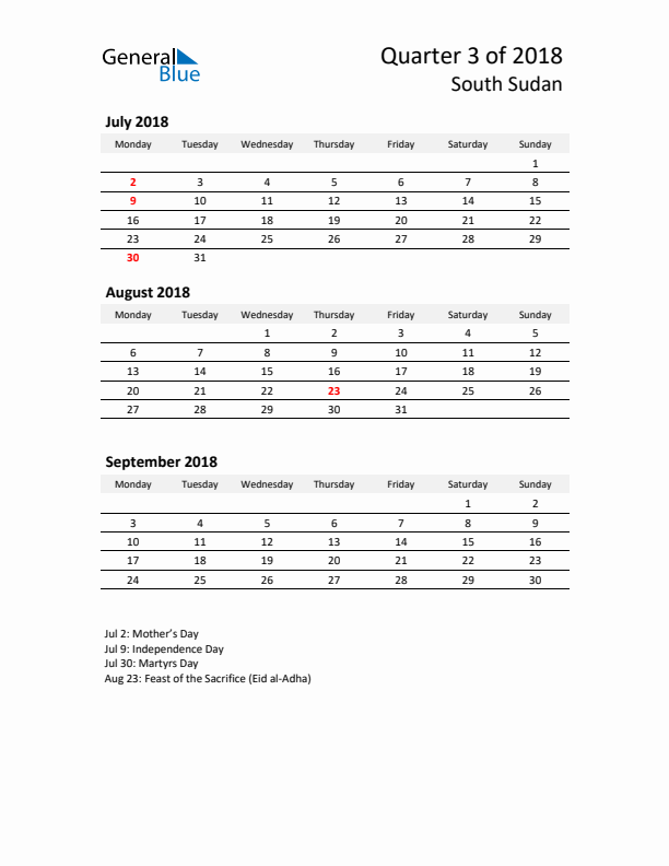 2018 Q3 Three-Month Calendar for South Sudan