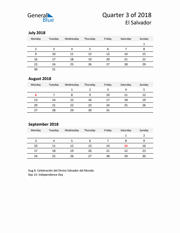 2018 Q3 Three-Month Calendar for El Salvador