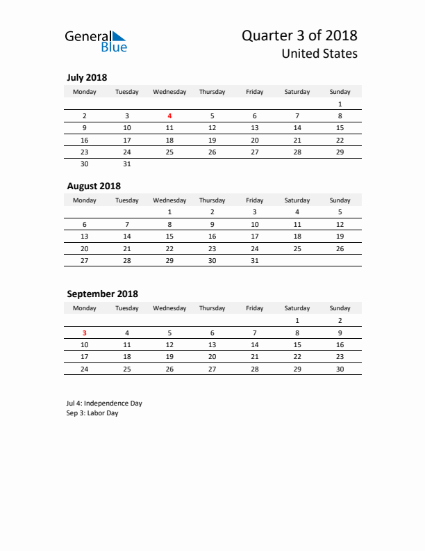 2018 Q3 Three-Month Calendar for United States