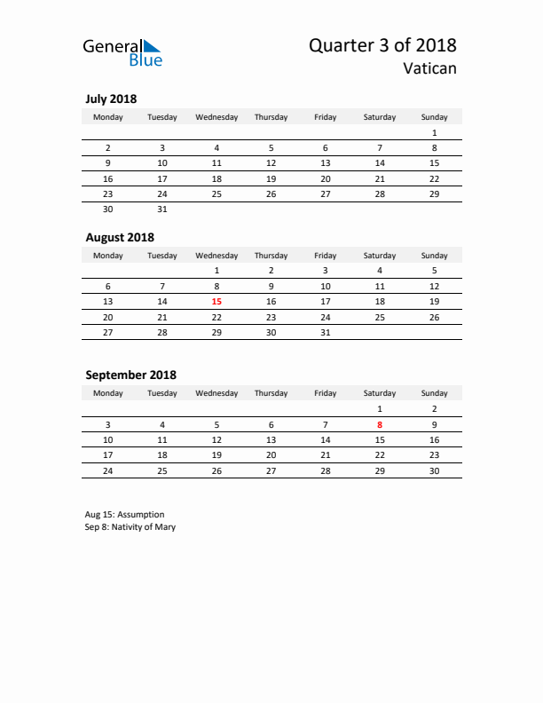 2018 Q3 Three-Month Calendar for Vatican