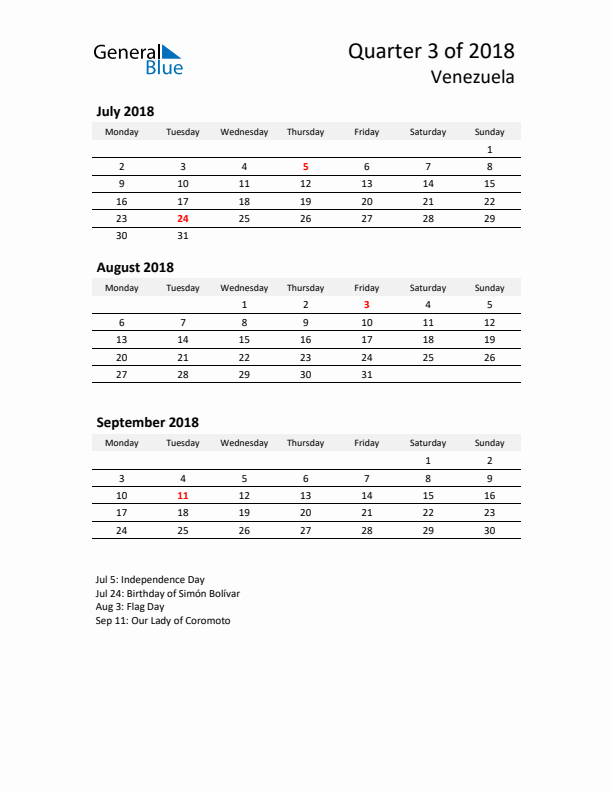 2018 Q3 Three-Month Calendar for Venezuela