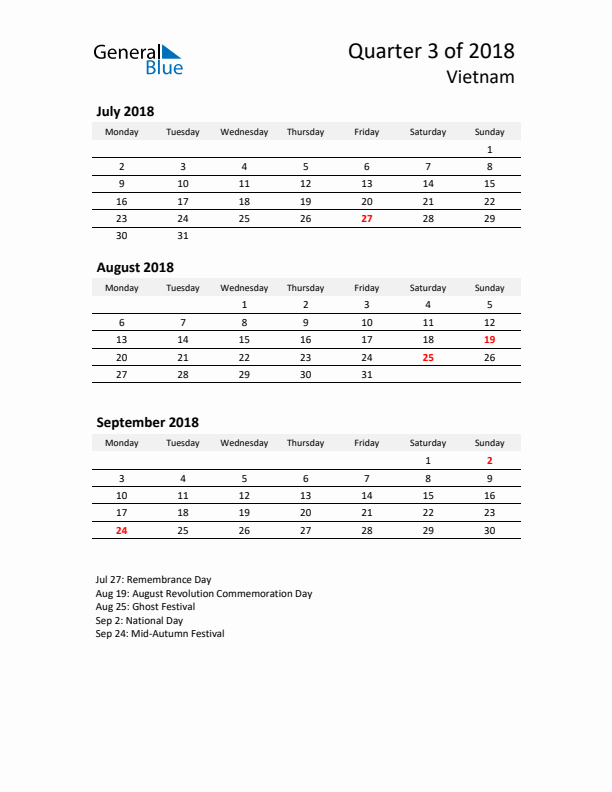 2018 Q3 Three-Month Calendar for Vietnam