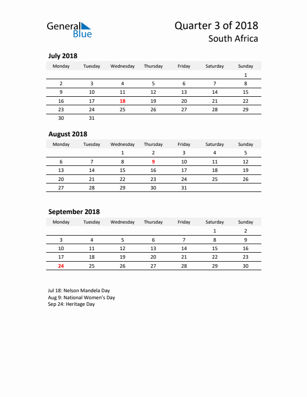 2018 Q3 Three-Month Calendar for South Africa