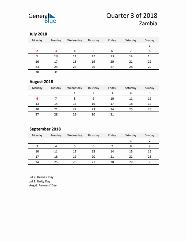 2018 Q3 Three-Month Calendar for Zambia