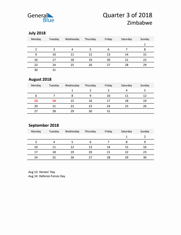 2018 Q3 Three-Month Calendar for Zimbabwe