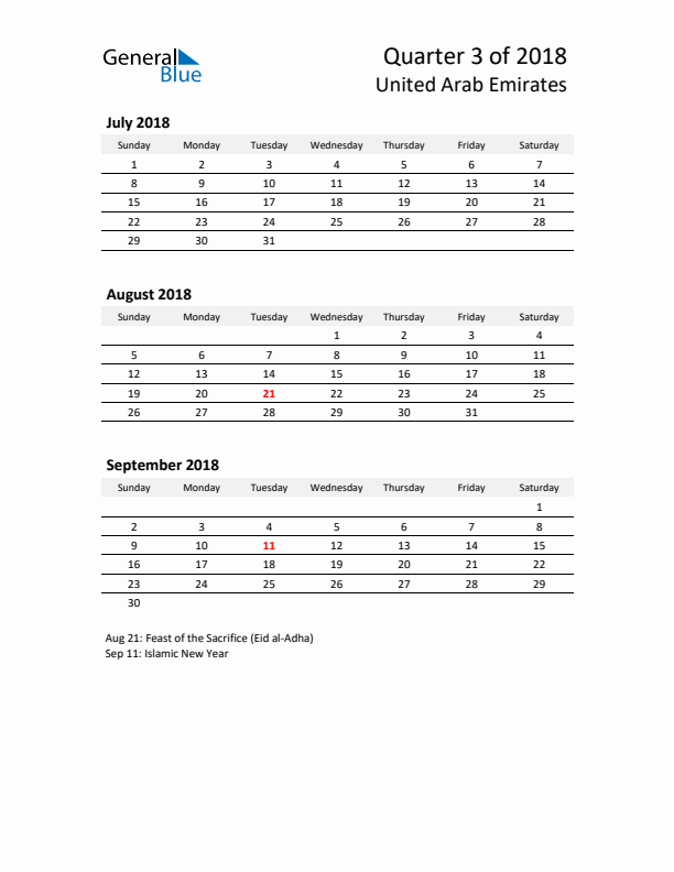 2018 Q3 Three-Month Calendar for United Arab Emirates